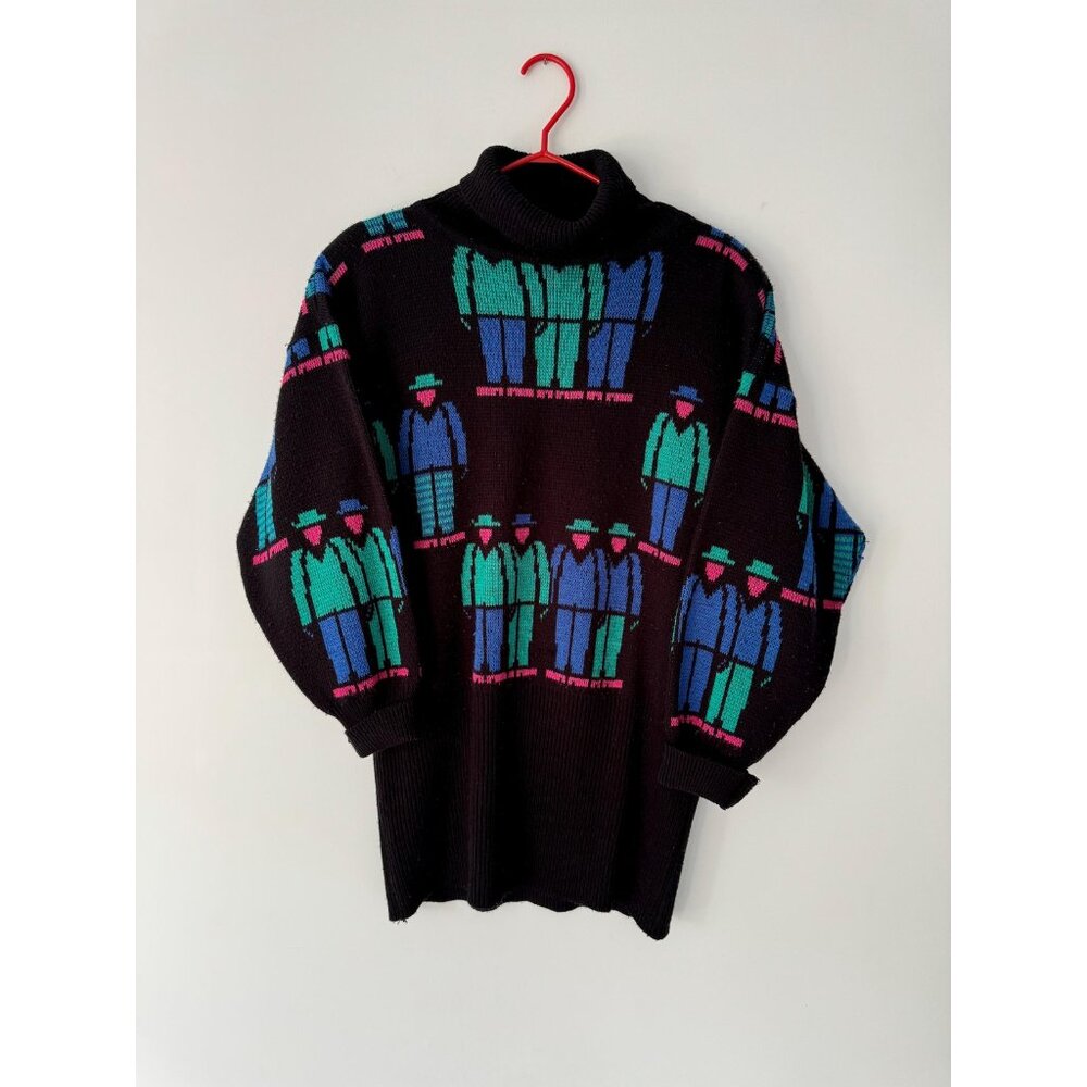 80s vintage black colorful funky novelty cozy long knit tunic sweater dress